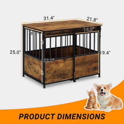 Dog Crate Furniture, Heavy Duty Wood, Double Doors, Decorative Pet House, Sliding Door, Rustic Brown.