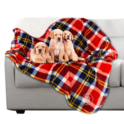 Waterproof Reversible Pet Blanket, Furniture Protector, Soft Sherpa Plaid Throw, Machine Washable, Dogs Cats Travel Home