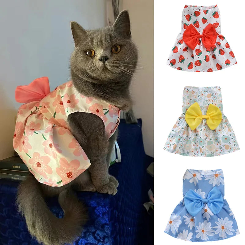 Fashion Cat Dresses With Bow, Cats & Small Dogs, Sphynx, Chihuahua, Fruit Flower Print Pet Clothes