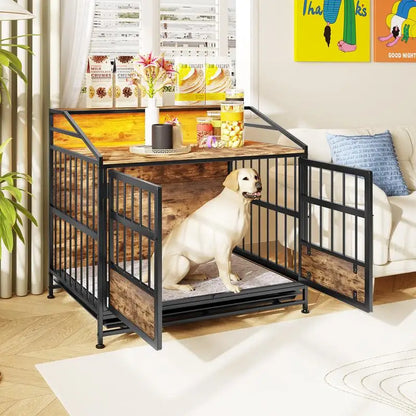 Multi-Function Wooden Dog Crate with Storage, Multiple Door Kennel for Large/Medium Dogs, Indoor Use, Brown Finish