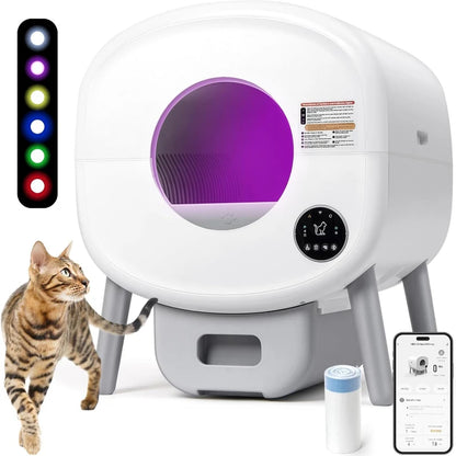 Extra Large Automatic Litter Box, Self Cleaning for Multiple Cats, Odor-Free, App-Controlled, Ambient Light, Waste Disposal