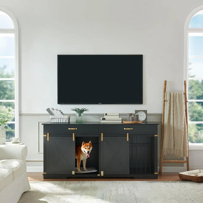 Extra Large Furniture Style Double Dog Crates, 72.5" Farmhouse Wooden Dog Kennel Furniture with Drawers, Divider