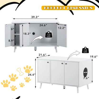 Litter Box Enclosure, Cat Litter Box, Furniture with Hidden Plug, 3 Doors, Indoor Cat Washroom, Storage Bench , White