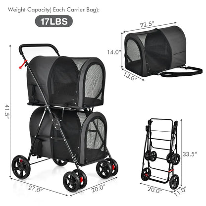 Double Pet Stroller with 2 Detachable Carrier Bags, Safety Belt, 4 Lockable Wheels Cat Stroller, Travel Carrier Strolling Cart