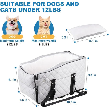 PU Center Console Dog/Cat Car Seat, Small Dogs Up to 12lbs, Portable Armrest Dog/Cat Booster Seat