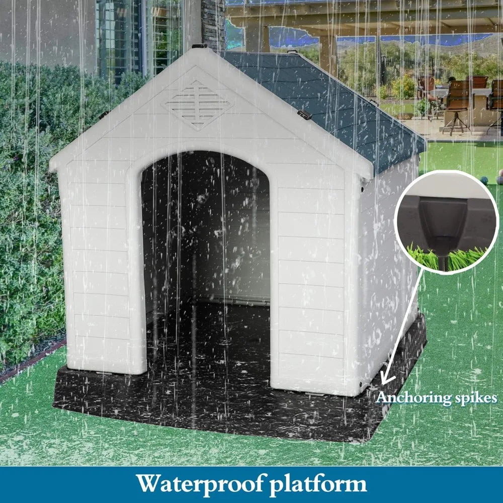 Weatherproof Plastic Dog House, Elevated Floor, For Small, Medium, and Large Dogs