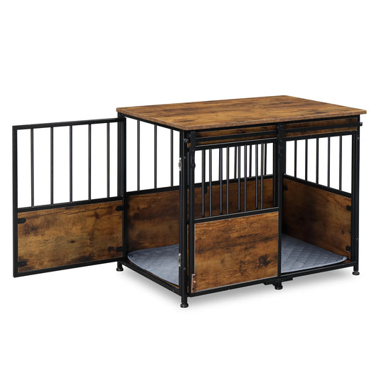 Dog Crate Furniture, Heavy Duty Wood, Double Doors, Decorative Pet House, Sliding Door, Rustic Brown.