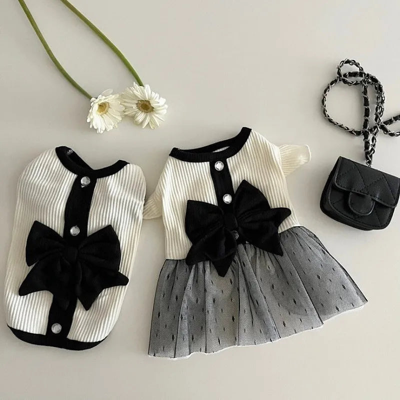 Luxury Dress for Small Dogs, Summer Puppy Clothes, Bow Lace Dog Skirt, Black White Dog T Shirt, Girls Dog Costume, Chihuahua Vest