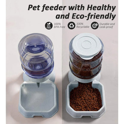 Automatic Pet Feeder, Water Dispenser, Dogs Cats, Self Feeding Gravity, Refill Easy Clean, 1 Gallon Durable Plastic, BPA-Free