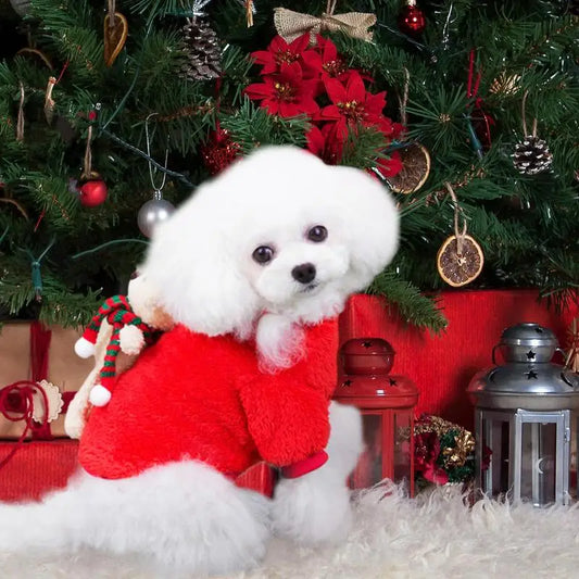 Pet Christmas Costumes, Winter Plush Dress, Warm Dog Hoodie, Dog Holiday Apparel With Bear