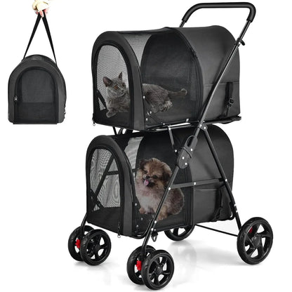 Double Pet Stroller with 2 Detachable Carrier Bags, Safety Belt, 4 Lockable Wheels Cat Stroller, Travel Carrier Strolling Cart