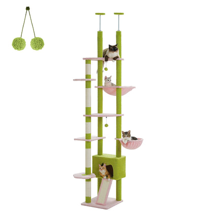 Adjustable Cat Tree, Floor to Ceiling Cat Condo, Hanging Ball, 5 Scratching Posts, Hammock, Ample Resting Place for Cats