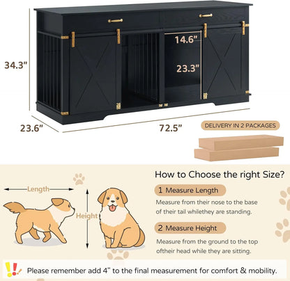 Extra Large Furniture Style Double Dog Crates, 72.5" Farmhouse Wooden Dog Kennel Furniture with Drawers, Divider