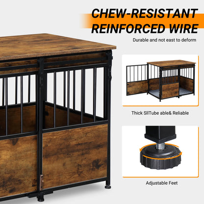 Dog Crate Furniture, Heavy Duty Wood, Double Doors, Decorative Pet House, Sliding Door, Rustic Brown.