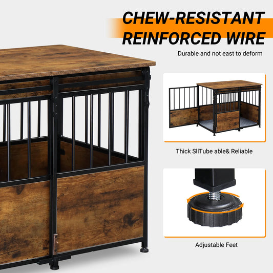 Dog Crate Furniture, Heavy Duty Wood, Double Doors, Decorative Pet House, Sliding Door, Rustic Brown.