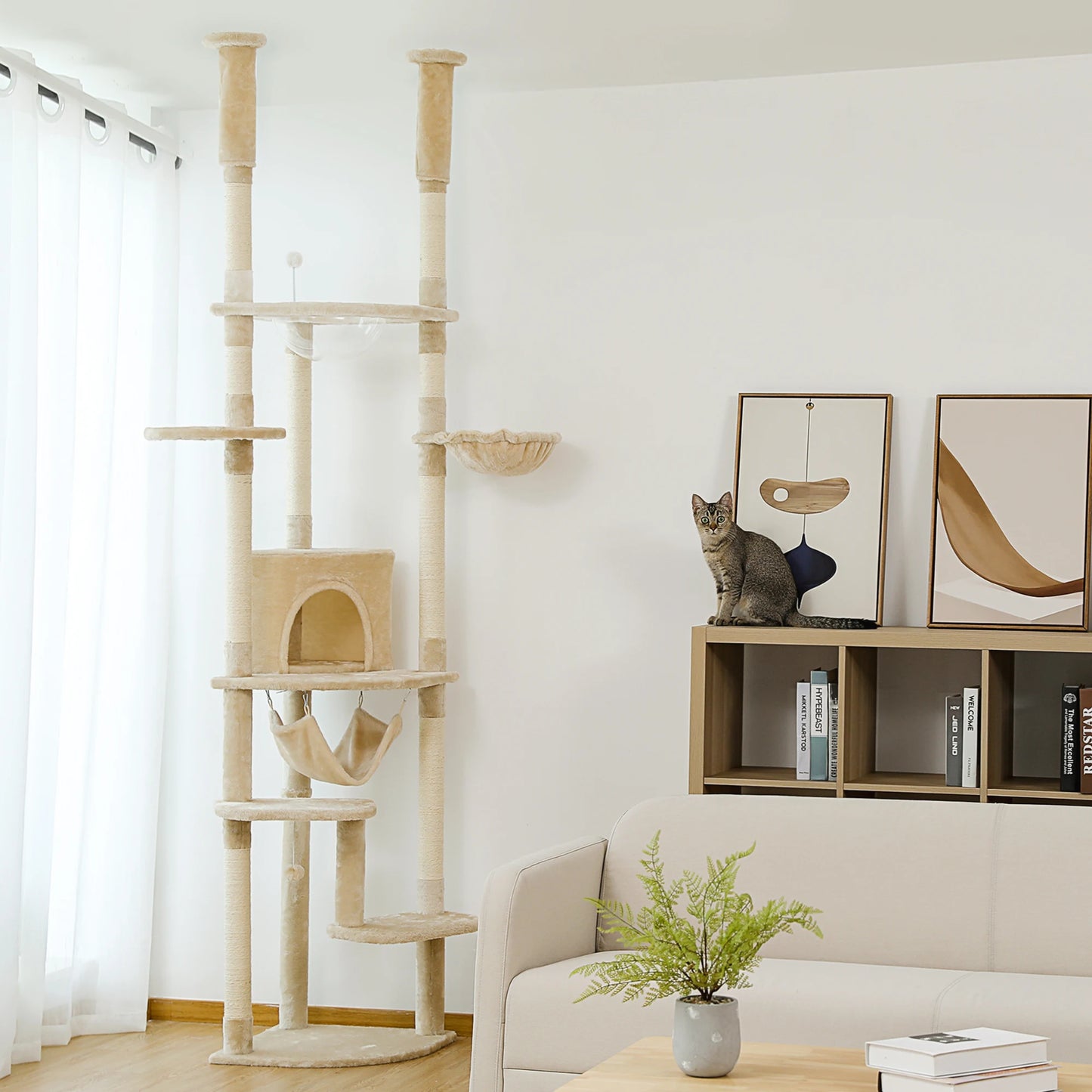 Floor to Ceiling Cat Tree, Adjustable Cat Tower, Tall Kitty Climbing Play House with Scratching Posts