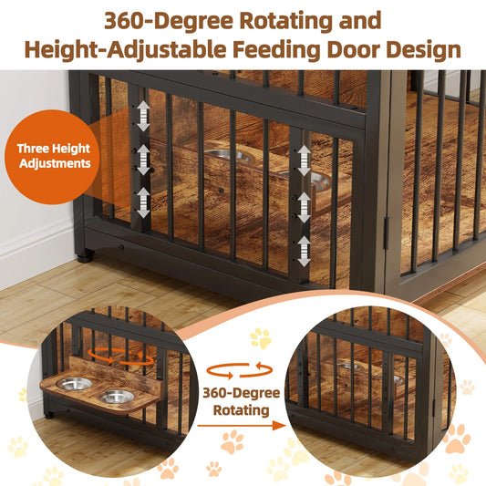 41/48 Inch Wooden Dog Crate Furniture, with Storage Drawers, Adjustable Raised Feeder, Indoor Pet House for Large & Medium Dogs