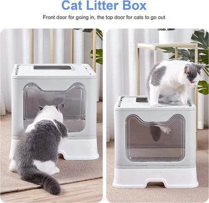 Front Entry Top Exit, Cat Litter Tray Box, with Scoop and Drawer, Foldable Hooded Kitty Pet Toilet, Extra Large