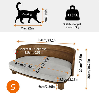 Elevated Pet Bed, Kitten Cat Sofa Bed, for Small Dogs, Solid Wood Legs and Bent Wood Backrest, Removable Washable Cover