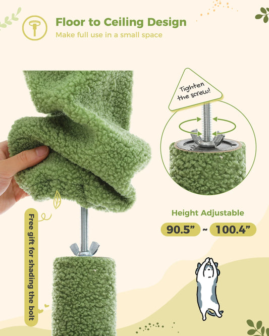 Cactus Cat Tree, Floor to Ceiling Cat Tower, Adjustable Height with Cat Condo, Cozy Hammock and Scratching Post, Tall Activity Tree