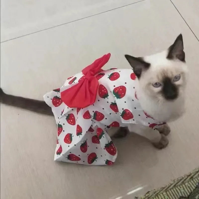 Fashion Cat Dresses With Bow, Cats & Small Dogs, Sphynx, Chihuahua, Fruit Flower Print Pet Clothes