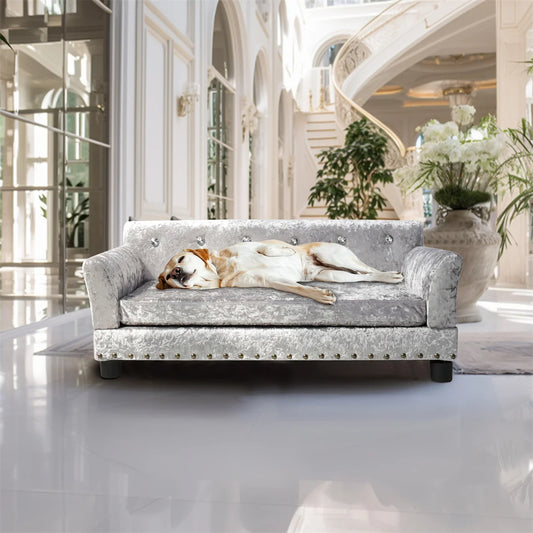 Deluxe Dog Couch Bed, Silver Dutch Velvet Upholstered Sofa Bed, Removable Cushion, for Medium to Large Dogs