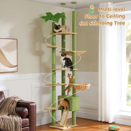 Cactus Cat Tree, Floor to Ceiling Cat Tower, Adjustable Height with Cat Condo, Cozy Hammock and Scratching Post, Tall Activity Tree