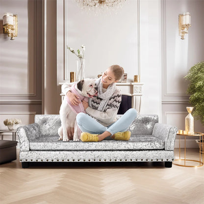 Deluxe Dog Couch Bed, Silver Dutch Velvet Upholstered Sofa Bed, Removable Cushion, for Medium to Large Dogs