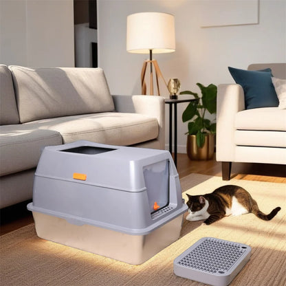 XXL Stainless Steel Cat Litter Box, Enclosed Puppy Cat Litter Tray with Lid Large, Litter Pan, High Wall Side, Easy Cleaning Toilet