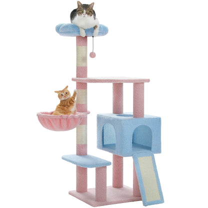 Multi-Level Flower Cat Tree Tower with Sisal Scratch Posts, Ramp, Top Perch and Fluffy Ball, for Small to Medium Indoor Cat.