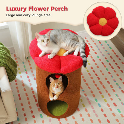 Double-Deck Cat House with Pompom Ball, Large Cat Condo, Cat Bed with Soft Flower Perch, Spacious Cozy Condo for Multi Cats