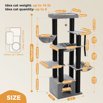 Large Cat Tree for Big Cats, Robust Cat Tower with Several Levels, Cat House Climbing Tree with Hammock ,11 Sisal Posts, Large Perch