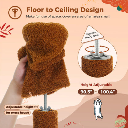 Adjustable Cat Tree, Floor to Ceiling Cat Condo, Hanging Ball, 5 Scratching Posts, Hammock, Ample Resting Place for Cats