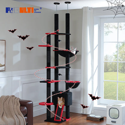 Adjustable Cat Tree, Floor to Ceiling Cat Condo, Hanging Ball, 5 Scratching Posts, Hammock, Ample Resting Place for Cats