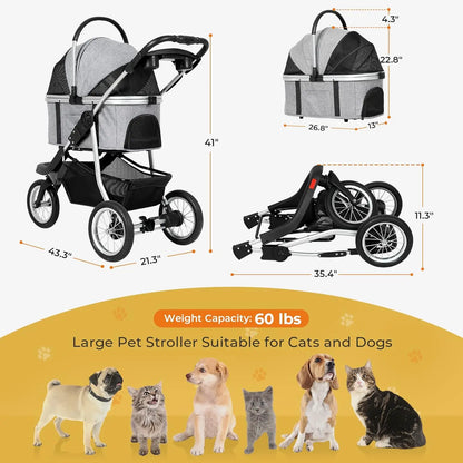 Pet Stroller, Premium 3-in-1 Large Dog Stroller for Cats/Dogs with Detachable Carrier, Zipperless Dual Entry, Foldable Jogging