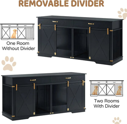 Extra Large Furniture Style Double Dog Crates, 72.5" Farmhouse Wooden Dog Kennel Furniture with Drawers, Divider