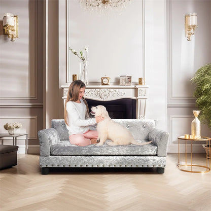 Deluxe Dog Couch Bed, Silver Dutch Velvet Upholstered Sofa Bed, Removable Cushion, for Medium to Large Dogs