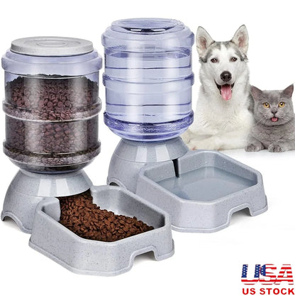 Automatic Pet Feeder, Water Dispenser, Dogs Cats, Self Feeding Gravity, Refill Easy Clean, 1 Gallon Durable Plastic, BPA-Free