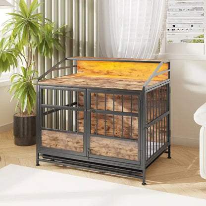 Multi-Function Wooden Dog Crate with Storage, Multiple Door Kennel for Large/Medium Dogs, Indoor Use, Brown Finish