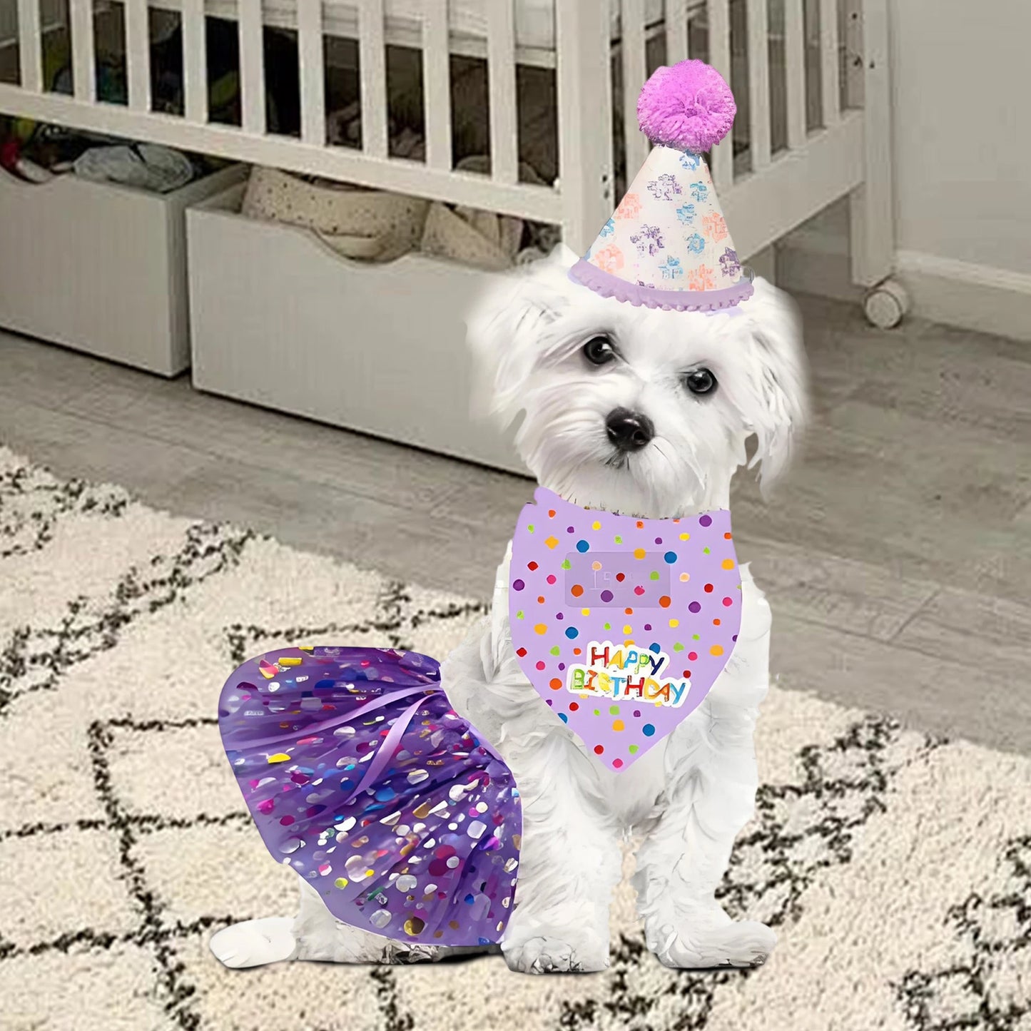 Cute Dog Birthday Costume Set, Adorable Party Hat, Matching Skirt and Scarf, Indoor and Outdoor Pet Celebrations