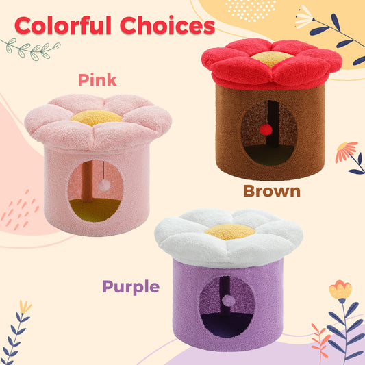 Double-Deck Cat House with Pompom Ball, Large Cat Condo, Cat Bed with Soft Flower Perch, Spacious Cozy Condo for Multi Cats