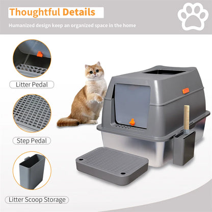 XXL Stainless Steel Cat Litter Box, Enclosed Puppy Cat Litter Tray with Lid Large, Litter Pan, High Wall Side, Easy Cleaning Toilet