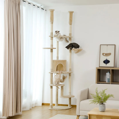 Floor to Ceiling Cat Tree, Adjustable Cat Tower, Tall Kitty Climbing Play House with Scratching Posts