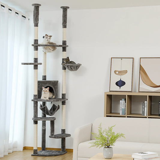 Floor to Ceiling Cat Tree, Adjustable Cat Tower, Tall Kitty Climbing Play House with Scratching Posts
