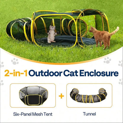 Outdoor Cat Enclosures 2-in-1, Portable Catio w/Cat Tent, Circle Playpen Tunnel