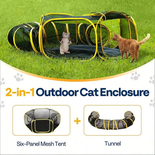 Outdoor Cat Enclosures 2-in-1, Portable Catio w/Cat Tent, Circle Playpen Tunnel