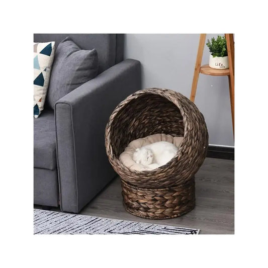 Cozy Cat Bed & House, Rattan, Plush Fabric Cushion, Elevated