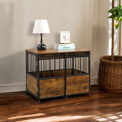 Dog Crate Furniture, Heavy Duty Wood, Double Doors, Decorative Pet House, Sliding Door, Rustic Brown.