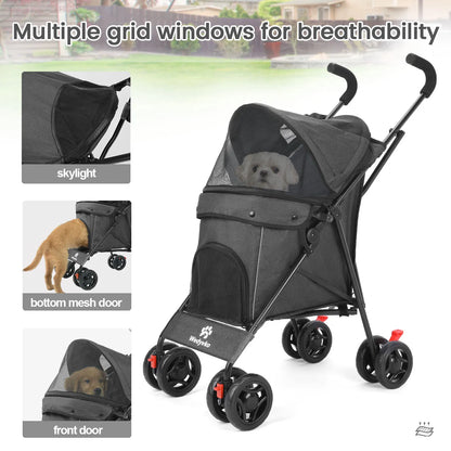 Pet Dog Stroller, 4 Wheels Puppy Stroller, Wheels Rotate with Brakes, Storage for Dogs Cats Travel, Pet Supplies Outdoor