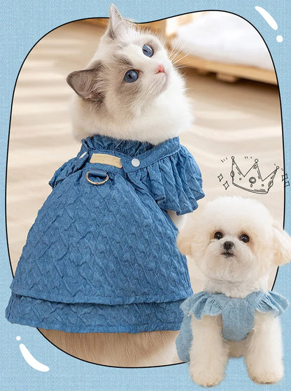 Denim Dog Dresses for Small Dogs, Puppy Girl Clothes, Leash Ring, Flying Sleeves, Summer Cat Apparel Blue, Chihuahua Outfits